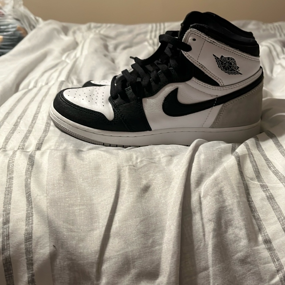 Jordan 1 Mid Light Grey Suede, black, and white